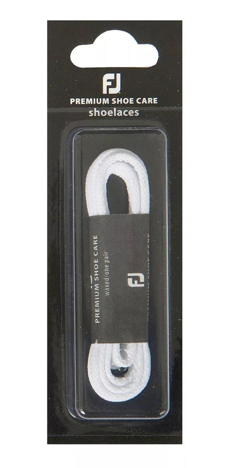 White fj premium shoe care shoelaces in packaging.