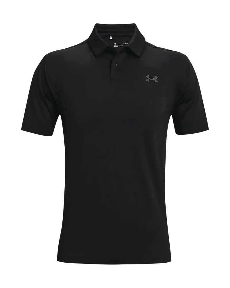 Black under armour polo shirt with short sleeves and a collar.