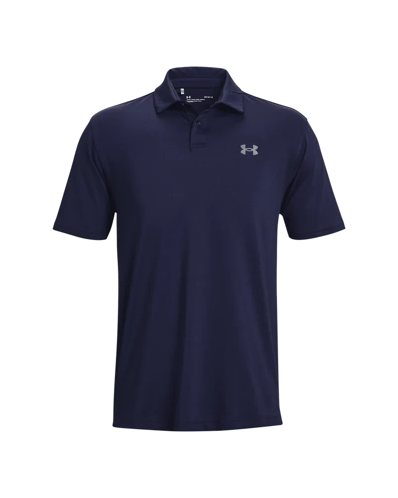 Navy blue under armour polo shirt with white logo.