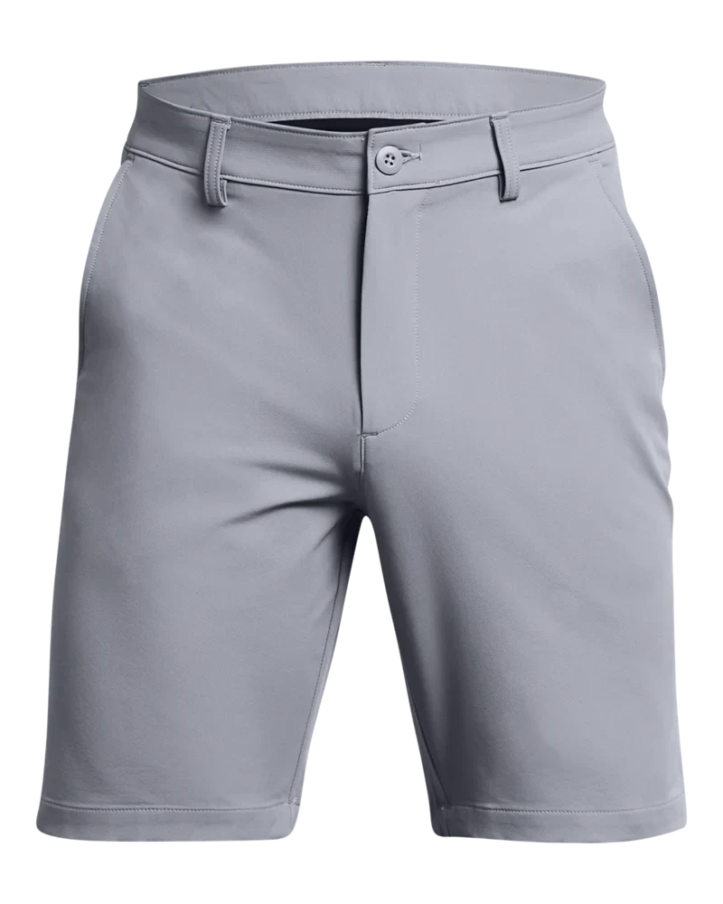 Grey golf shorts with button fly and elastic waistband