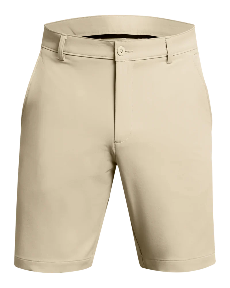 Beige golf shorts with a button fly and belt loops.