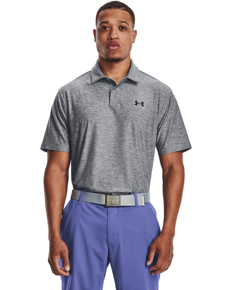 Gray under armour polo shirt with blue pants and white belt