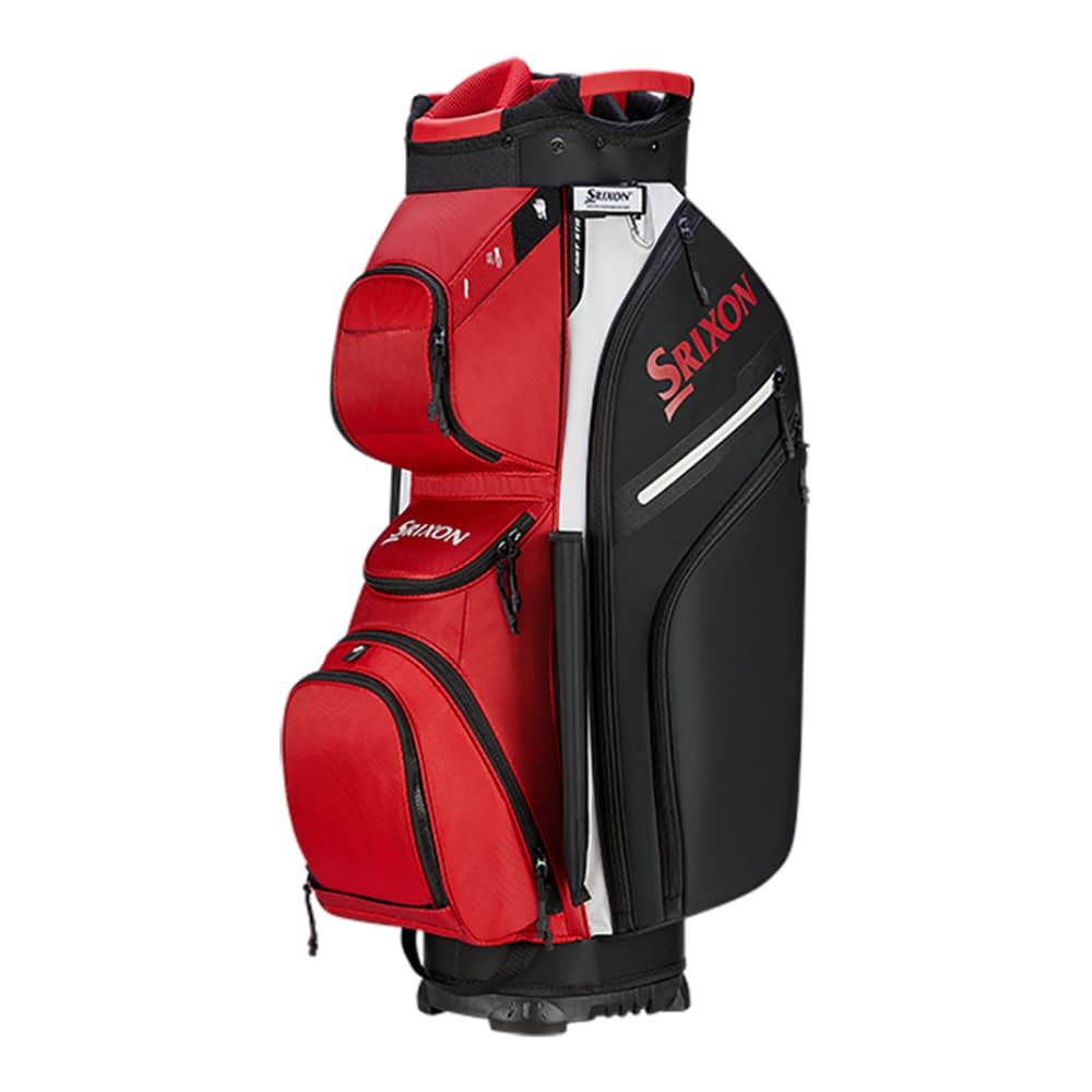 Red and black srixon golf bag with white accents.