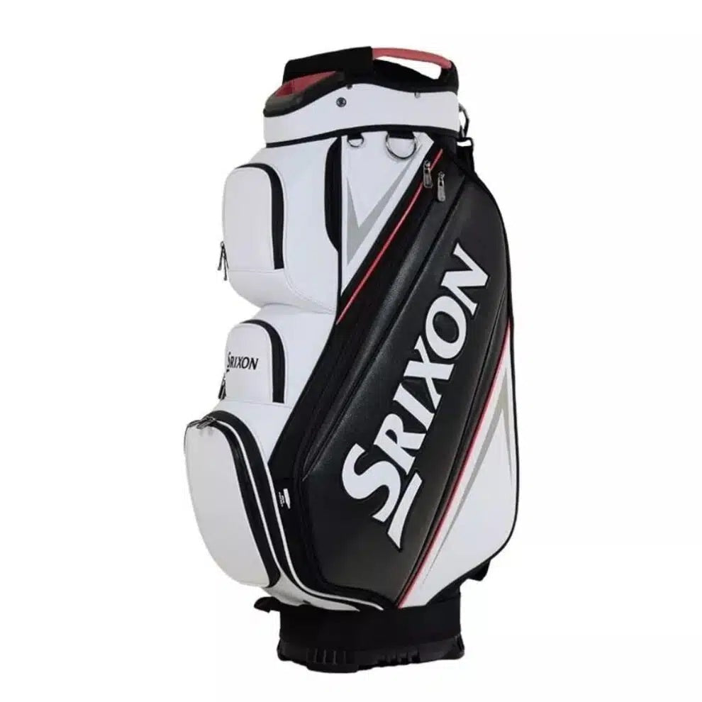 Srixon golf bag with black and white panels, red accents.