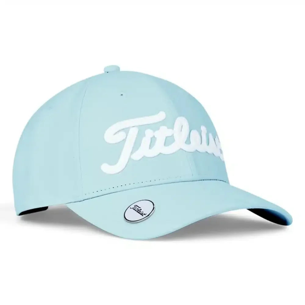 Light blue titleist golf cap with white logo and adjustable strap.