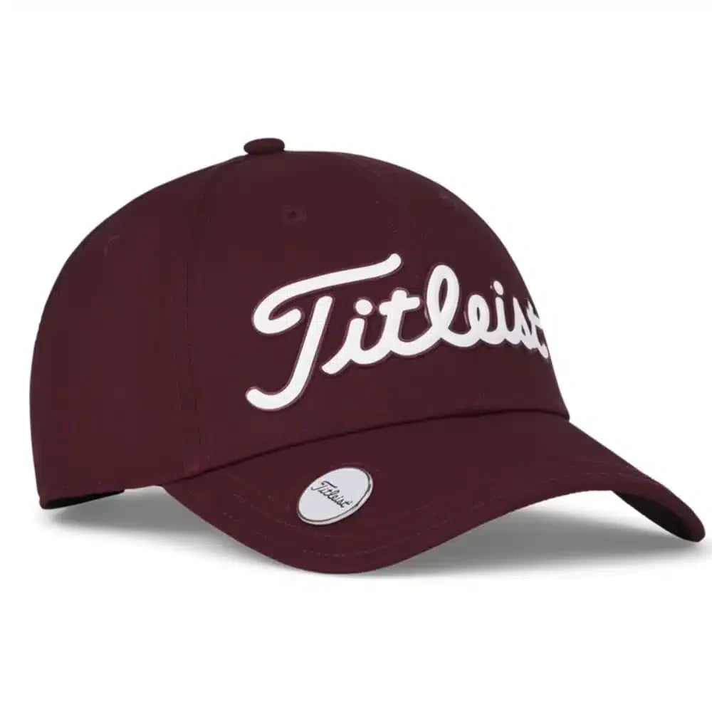 Burgundy titleist golf cap with white logo and adjustable strap.