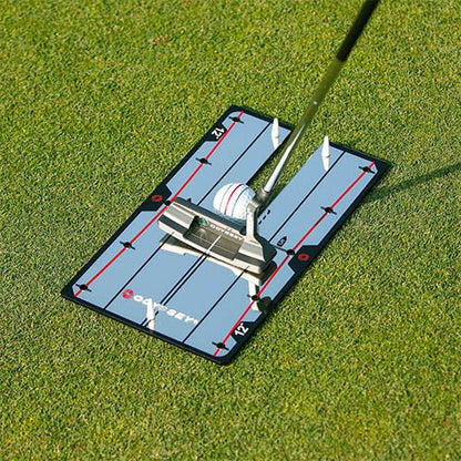 Odyssey putting mat with blue and white design, black edges.