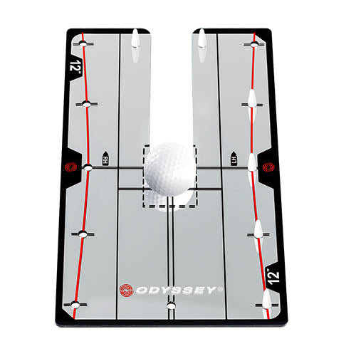 Odyssey golf practice mat with white ball and black frame.