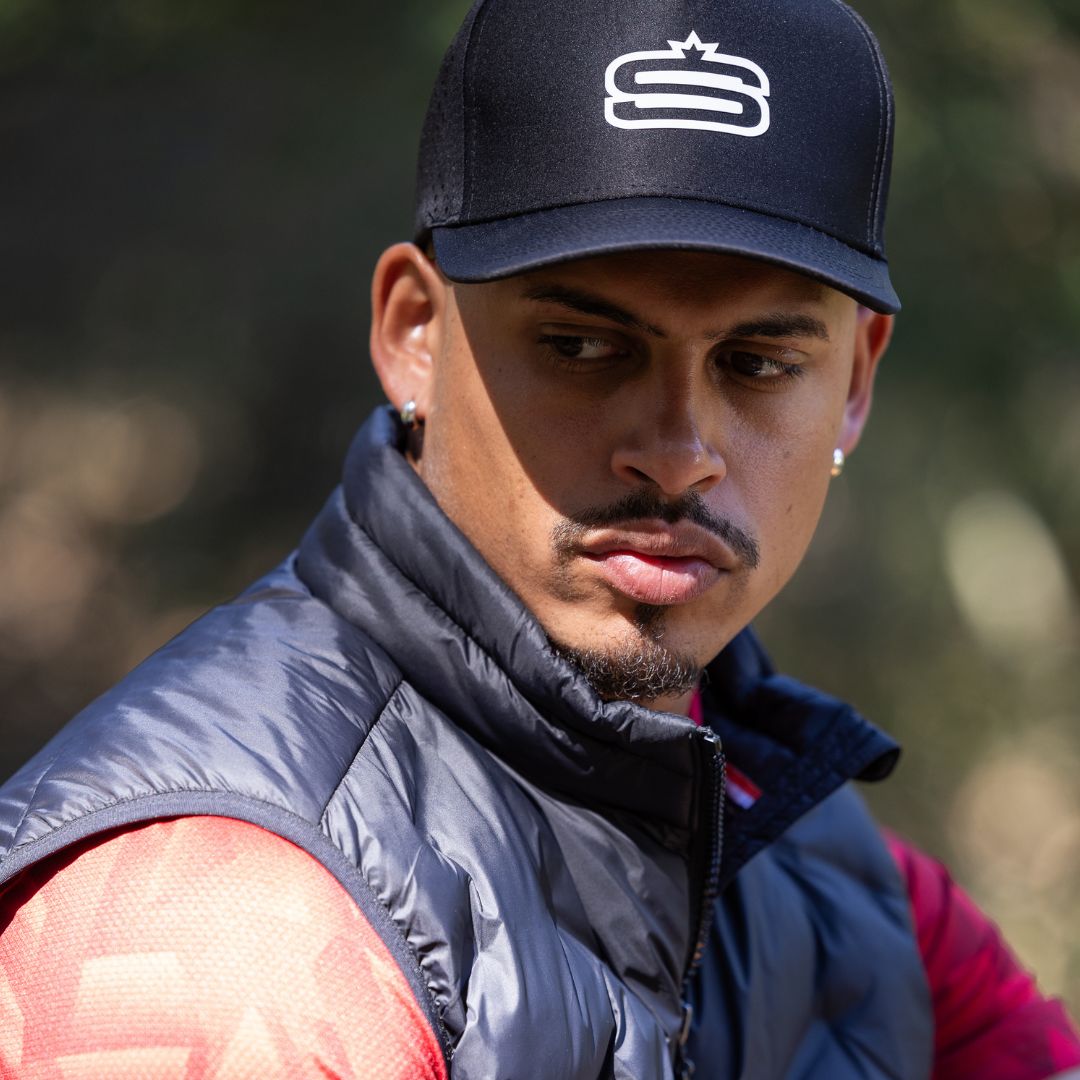 Alpha - 5 Panel Performance Cap with "S" Print & Laser Hole Detail