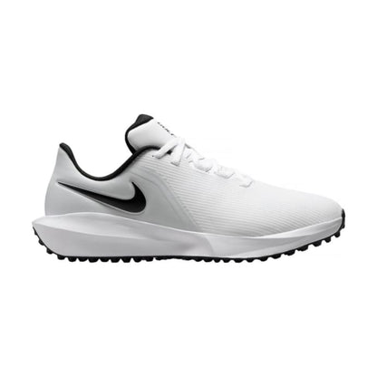 White and black nike golf shoe with textured sole design.