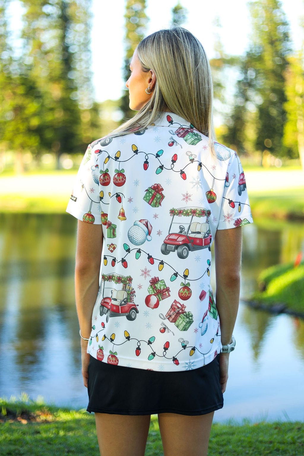 Custom Apparel Women's Funky Golf Shirt | Jingle Bell Drive