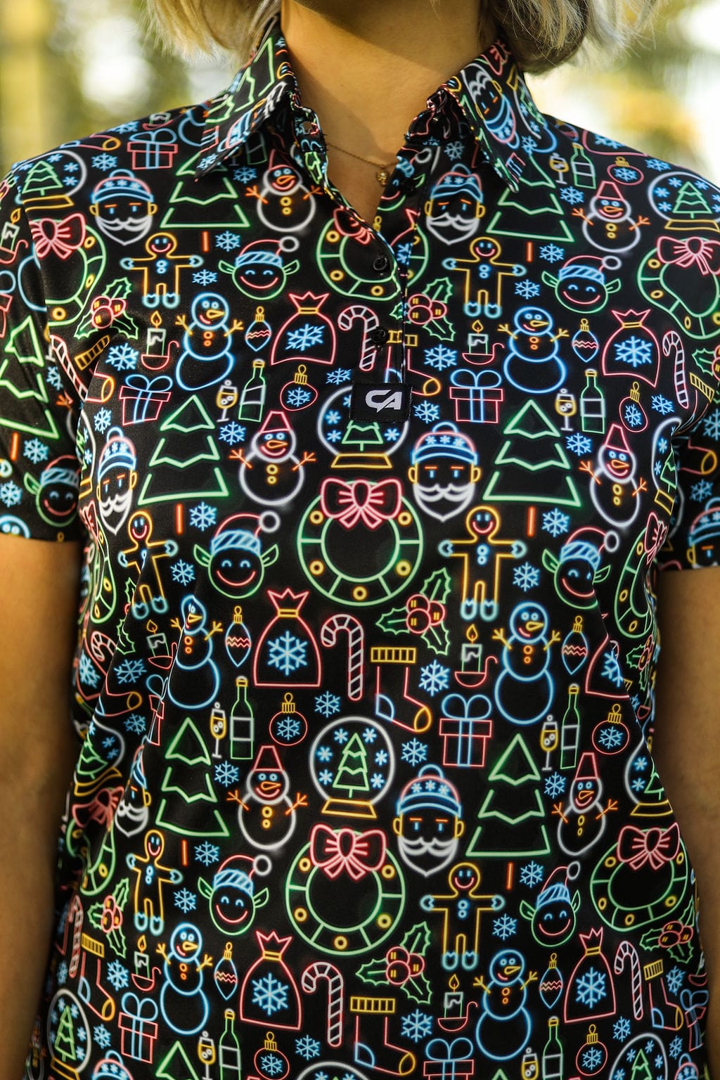 Custom Apparel Women's Funky Golf Shirt | Neon Light Christmas