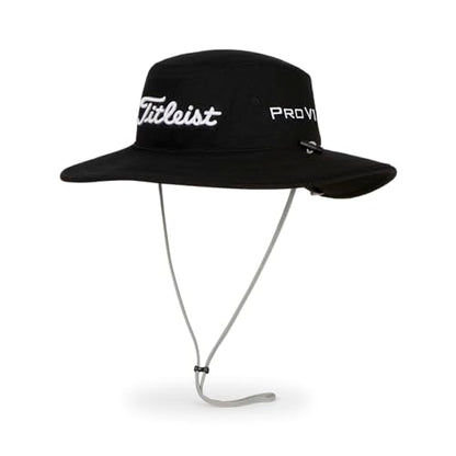 Black titleist golf bucket hat with adjustable chin strap and logo.
