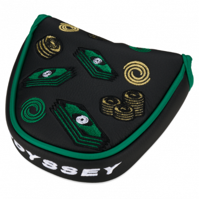 Odyssey golf putter cover with green and black accents, featuring embroidered military-style patches.