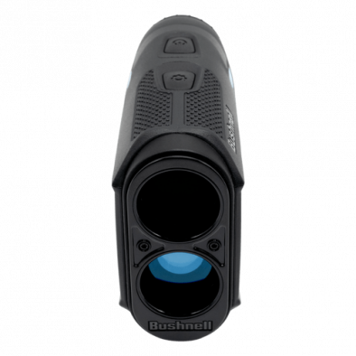 Bushnell rangefinder with black and gray body, blue lens cover.
