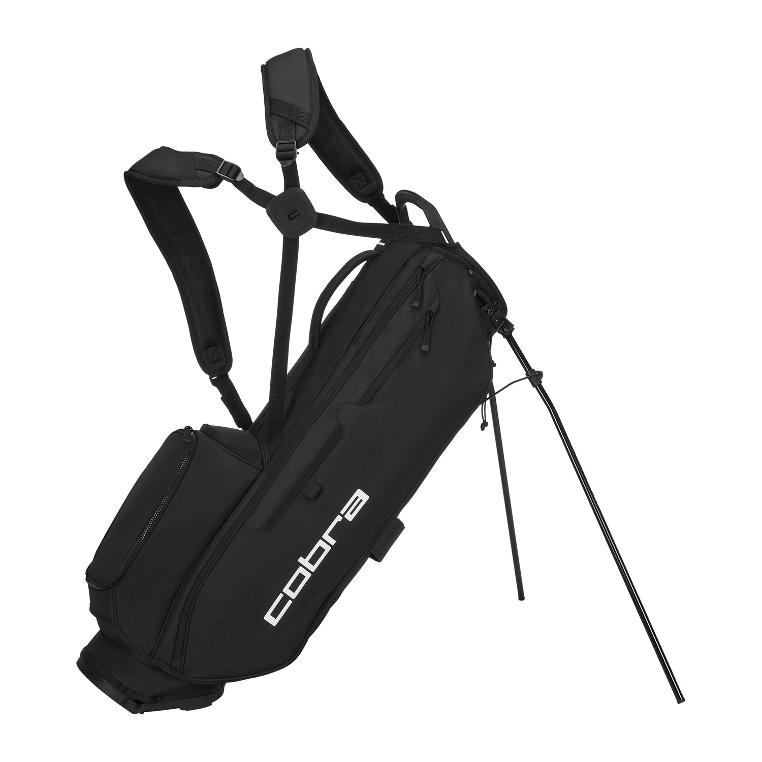 Black cobra golf bag with strap and stand legs.