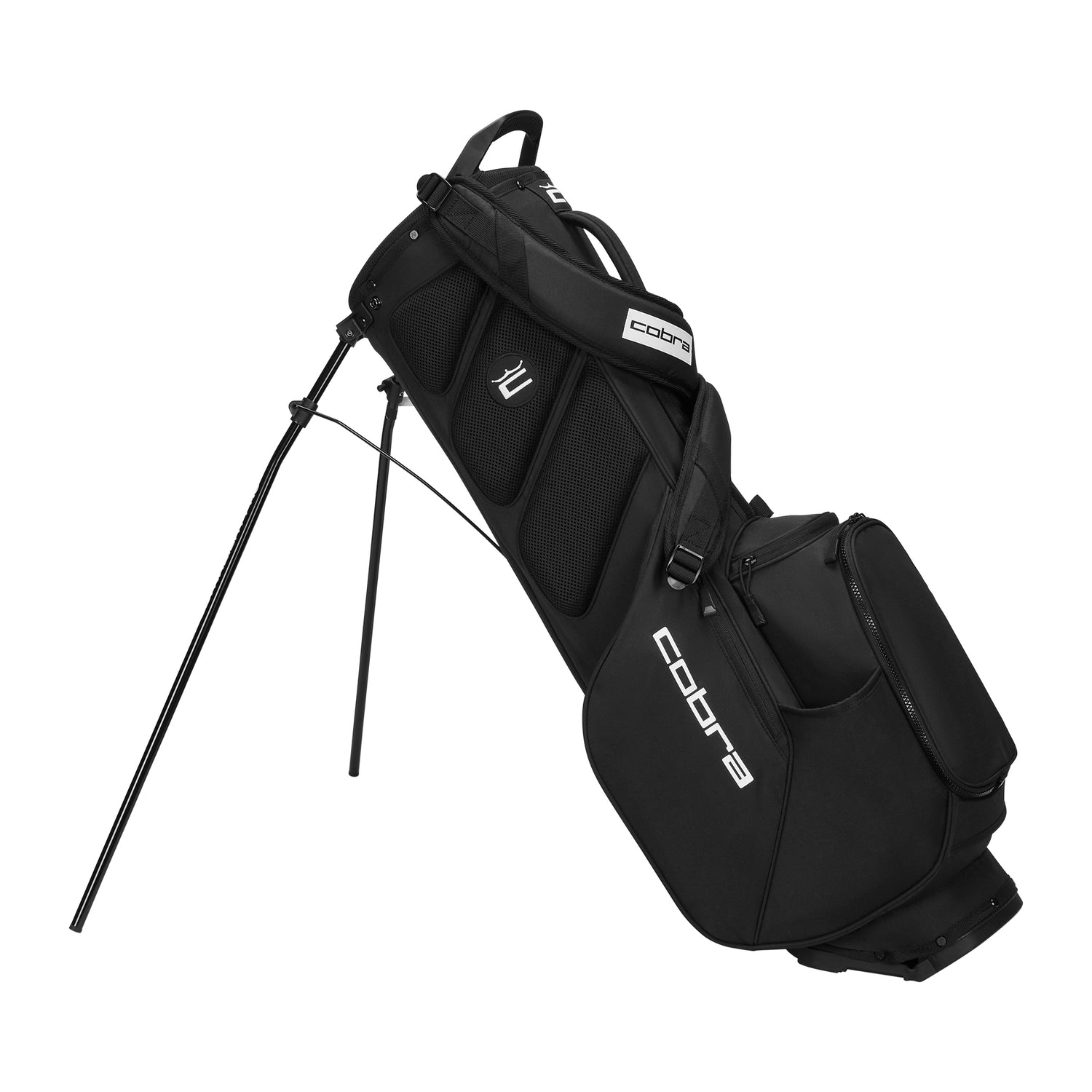 Black cobra golf bag with white logo and strap design