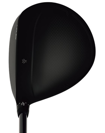 Black driver golf club head with a sleek, modern design and metallic finish.