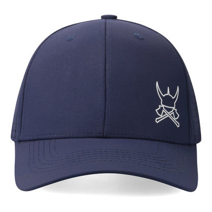 Navy blue cap with a white logo on a navy background