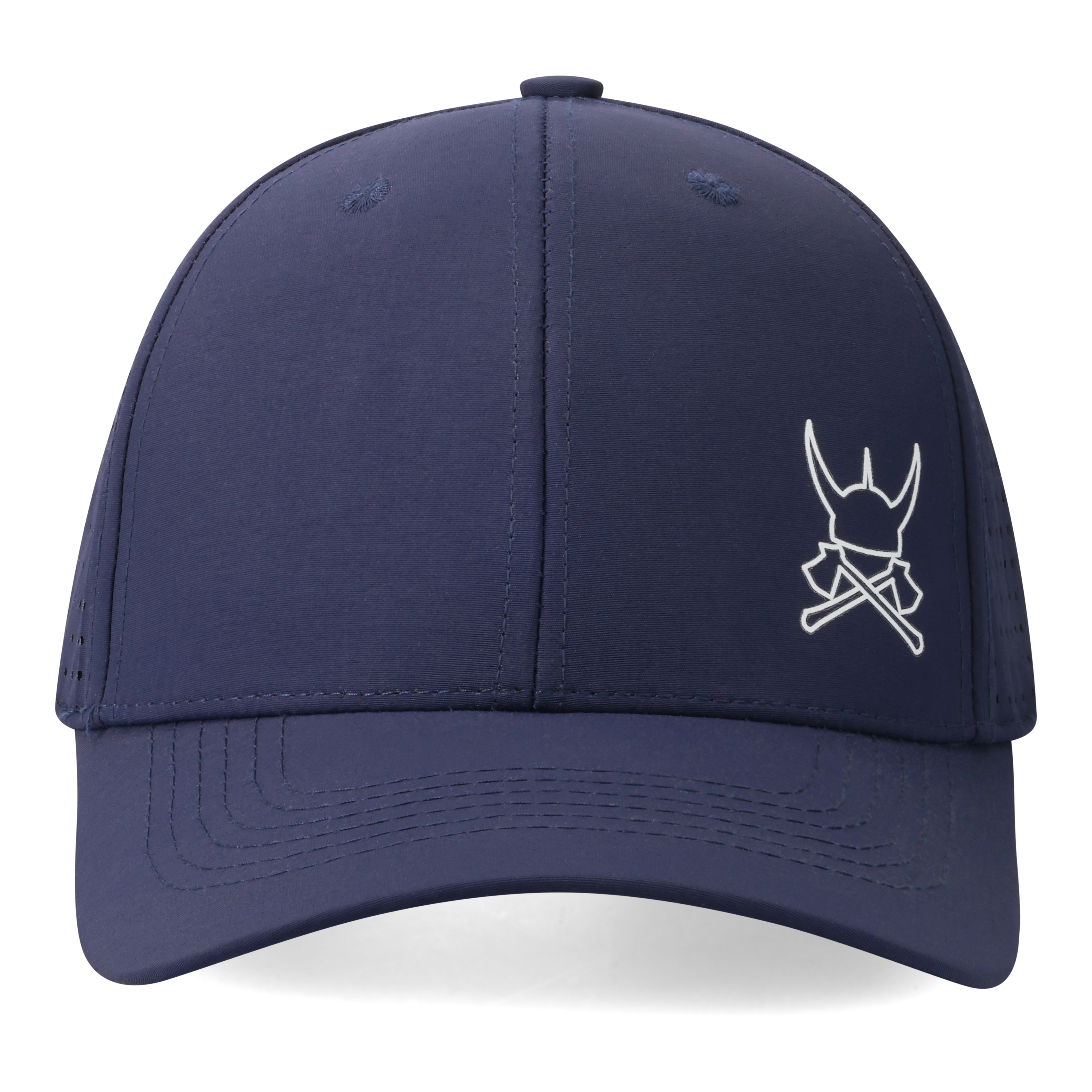 Navy blue cap with a white logo on a navy background