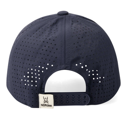 Navy blue cap with white perforated back and visible brand logo on a navy background