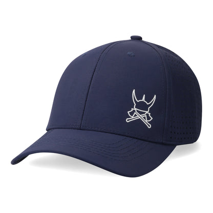 Navy blue cap with a white logo on a navy background