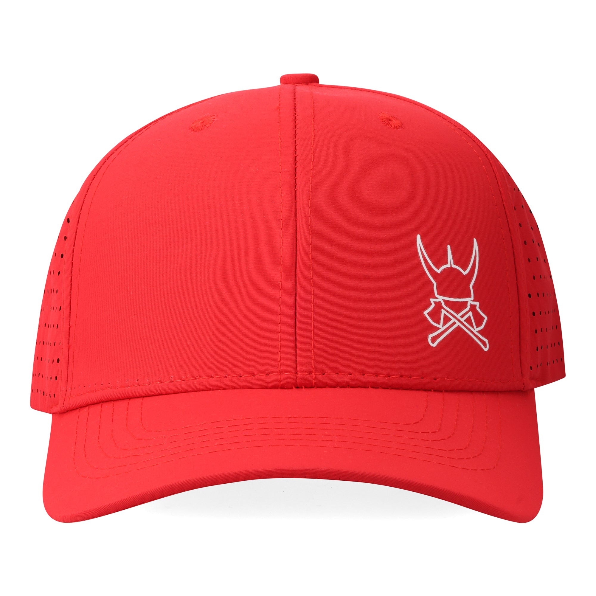 Red cap with a white logo on a red background