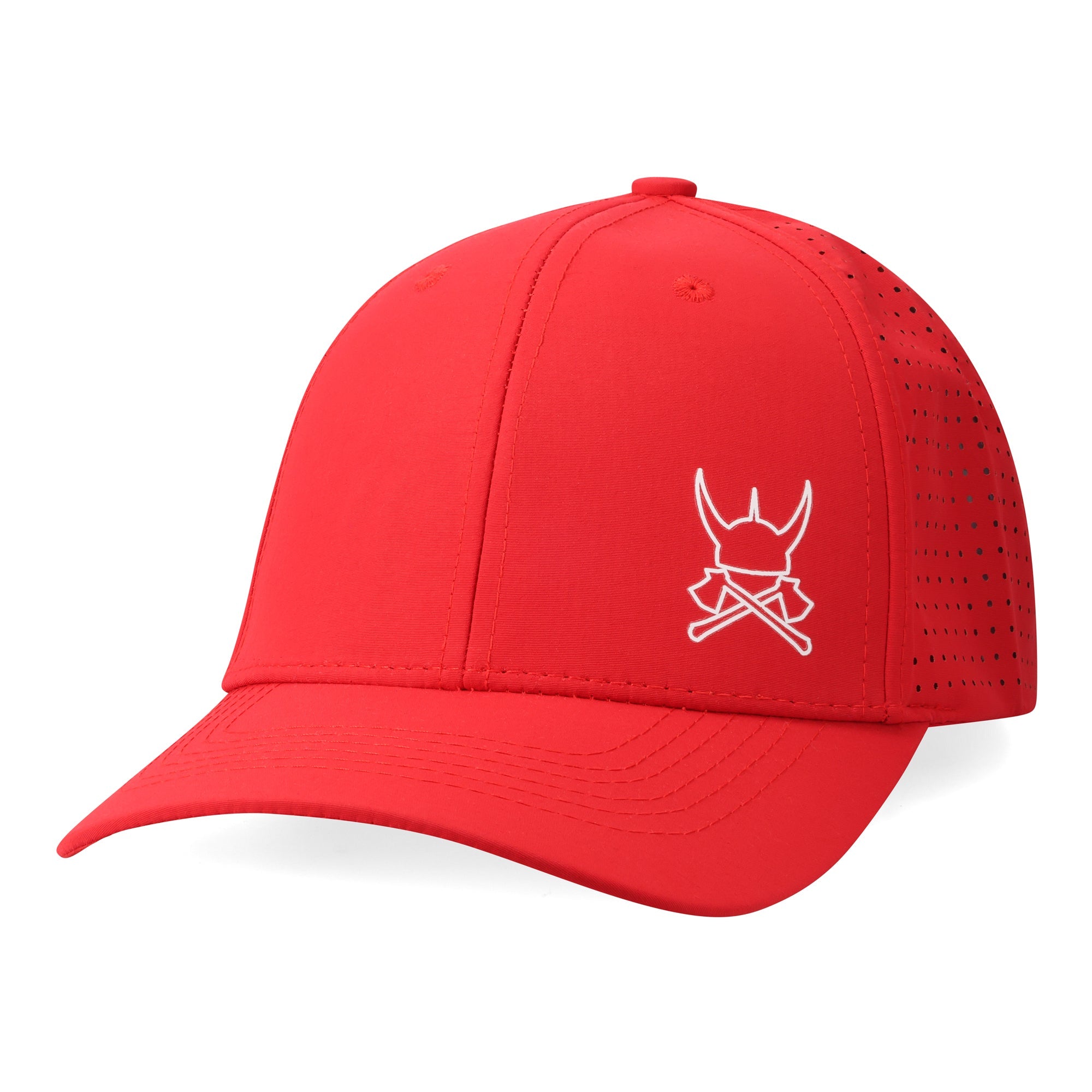 Red cap with a white logo on a red background