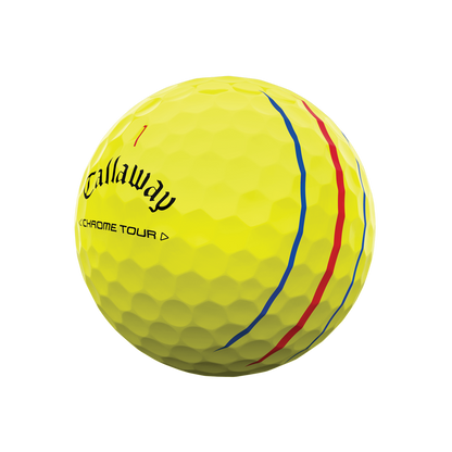 Yellow callaway chrome tour p golf ball with red and blue stripes.