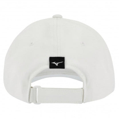White mizuno baseball cap with adjustable strap and logo on the back.