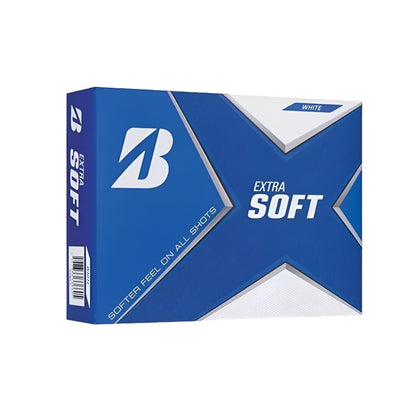 Blue and white golf ball box with ’extra soft’ branding.