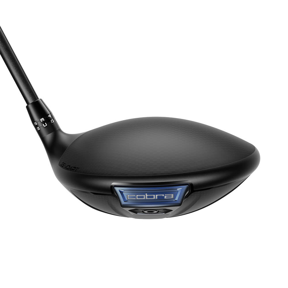 Black cobra golf club head with blue digital display and adjustable settings.