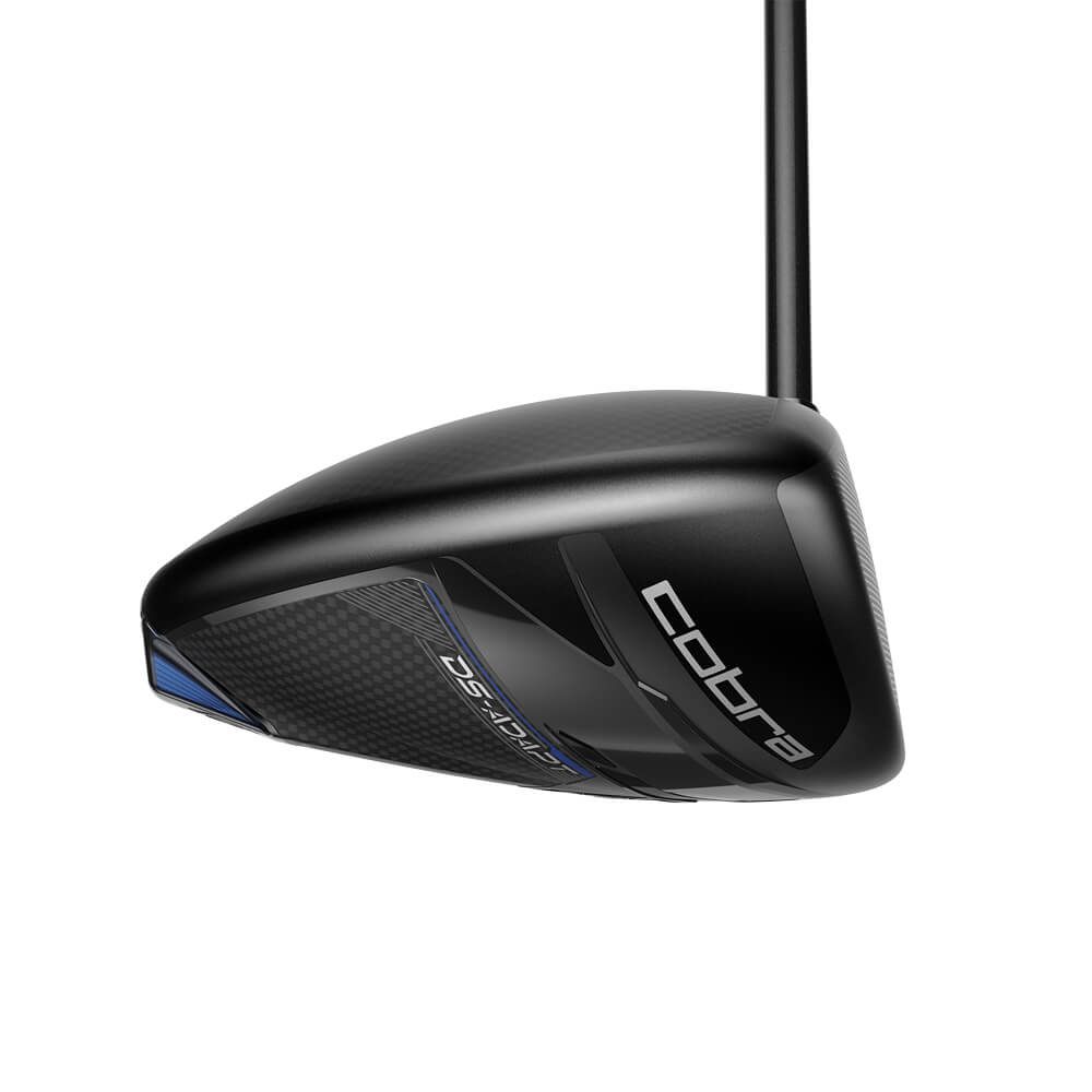 Black cobra golf driver with blue accents and sleek design.