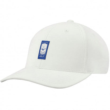 White golf cap with blue and gold logo, adjustable strap.