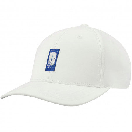 White golf cap with blue and gold logo, adjustable strap.