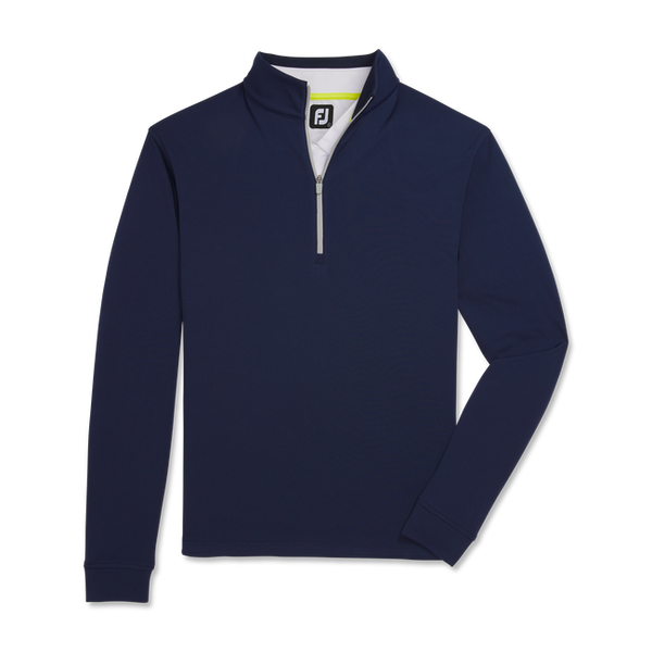Navy blue quarter-zip pullover with white zipper and yellow accents, branded by footjoy.