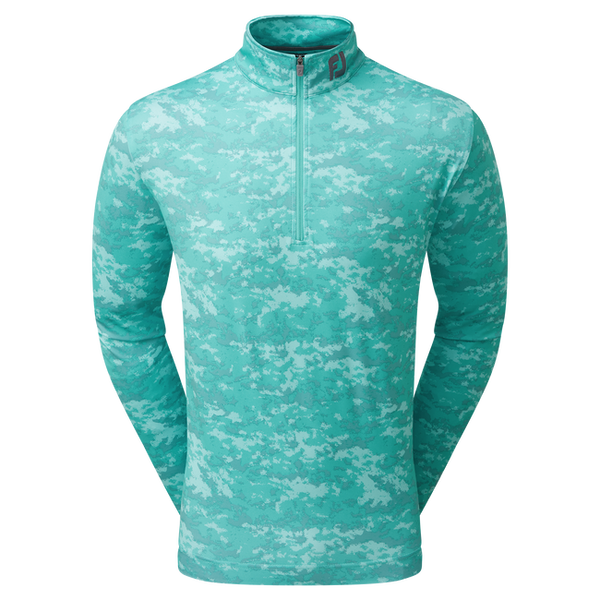 Turquoise tie-dye quarter-zip pullover sweater with a subtle camouflage pattern.