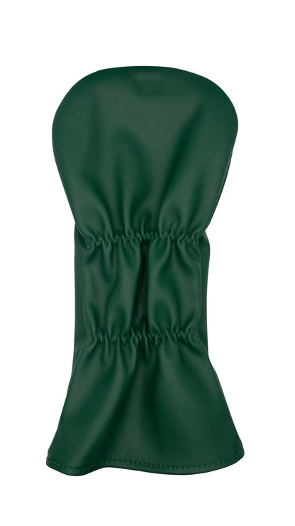 Green golf club head cover with elastic band at the bottom.