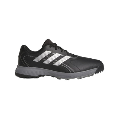 Adidas black and silver golf shoe with textured sole.