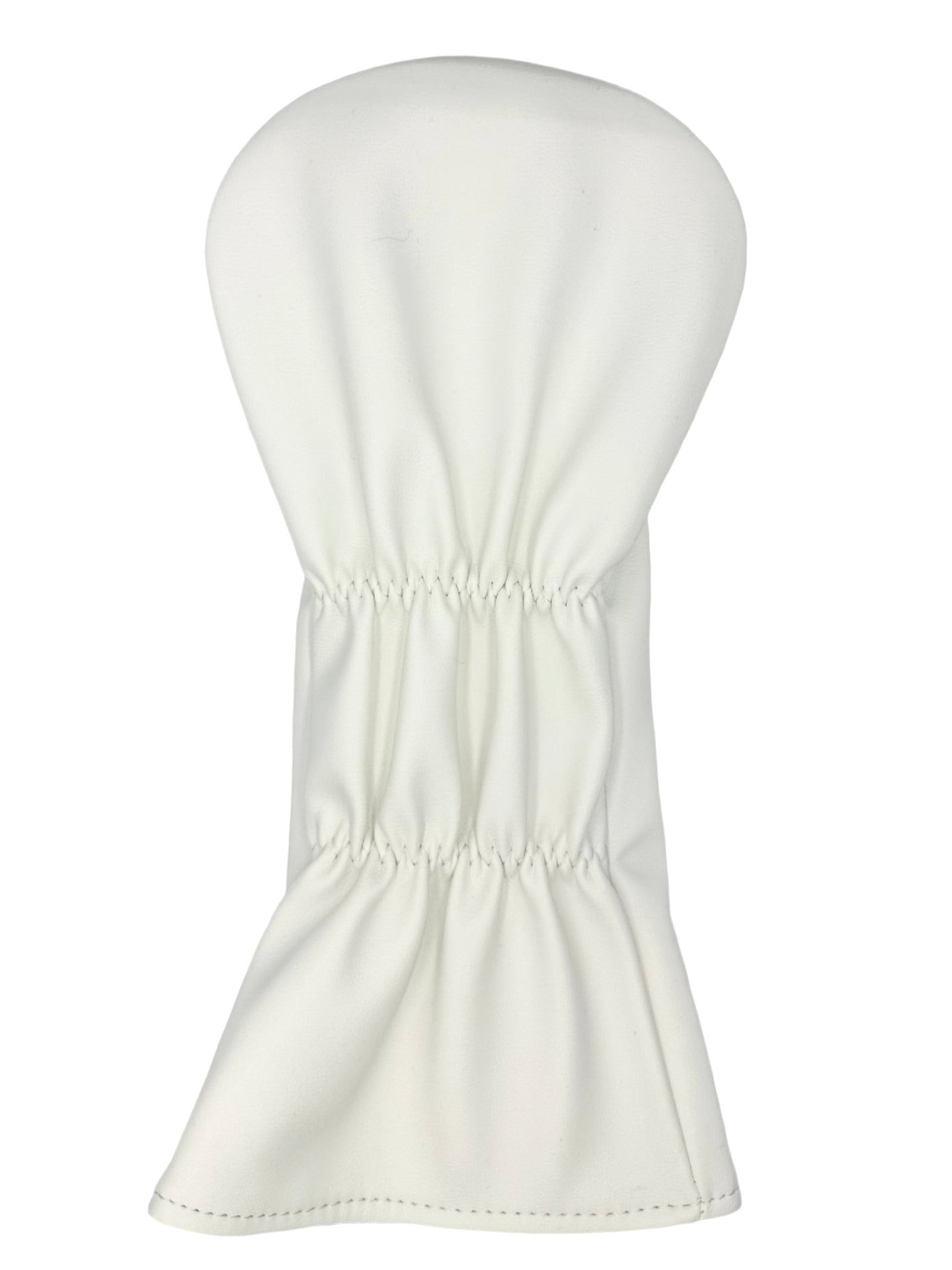 White golf club head cover with elasticized opening for secure fit and easy removal.