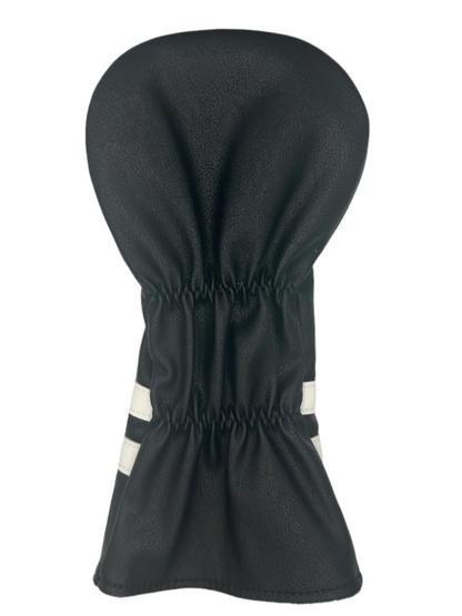 Black golf club head cover with white stripes and elastic band at the bottom.