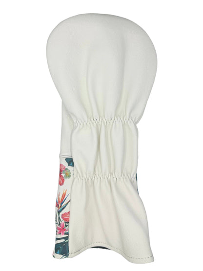 White floral golf club head cover with elastic band and drawstring closure.