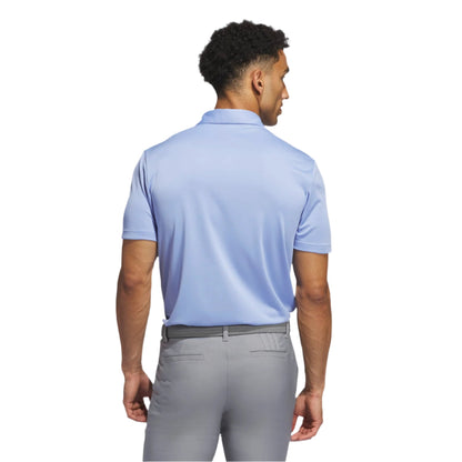 Light blue polo shirt with short sleeves and collar, made of polyester material.