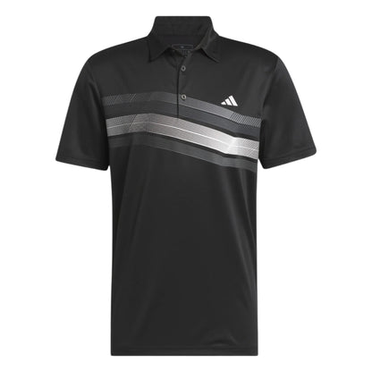 Black adidas polo shirt with silver stripes and logo.