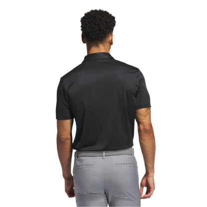 Black polo shirt with short sleeves and collar, made of polyester material.