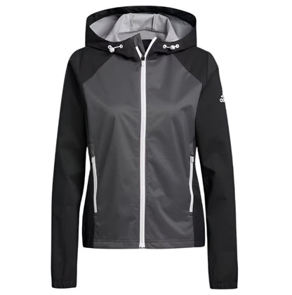 Adidas black and gray hooded jacket with white zipper.