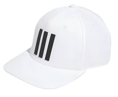 White adidas baseball cap with black stripes and logo.