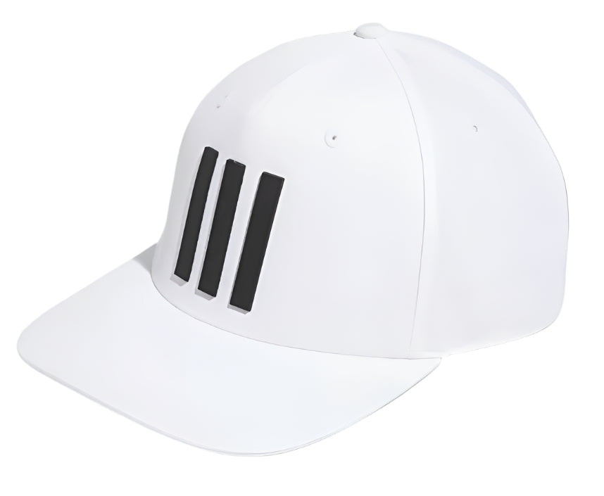 White adidas baseball cap with black stripes and logo.