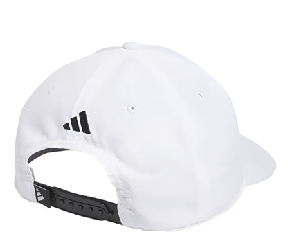White adidas baseball cap with black strap and logo.