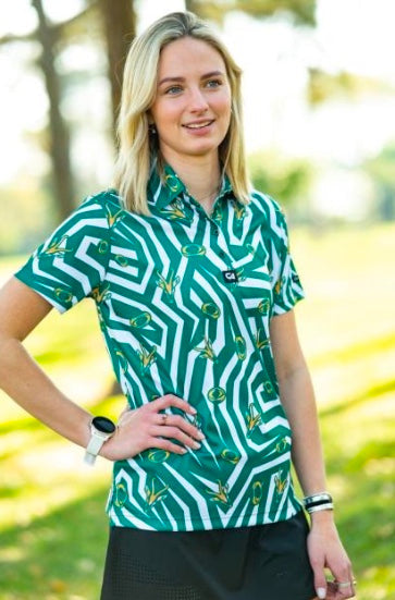 Custom Apparel Women's Golf Shirt | Funky | Springbok | White/Green